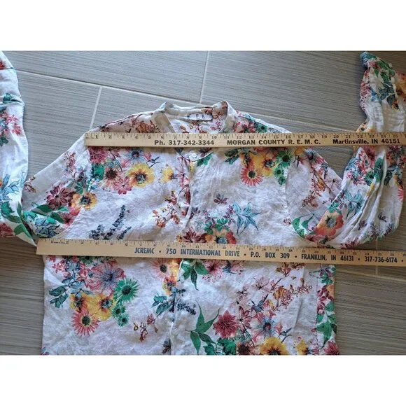 F.K. Italy Linen Floral Button-Up Blouse Mandarin Collar Floral Women XL Summer - Picture 8 of 9
